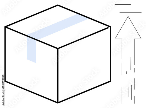 Cardboard box with blue sealing tape and rising arrow suggesting fast delivery. Ideal for shipping, logistics, e-commerce, growth, efficiency, innovation, simplification. Simple flat metaphor