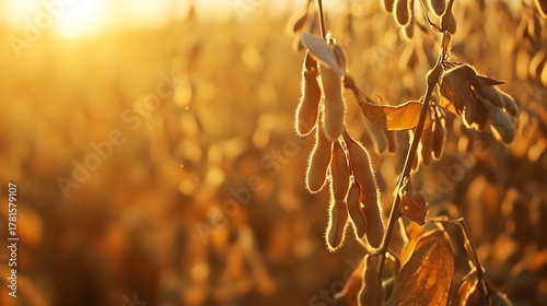Golden soybean field glows under the warm light of a beautiful sunset