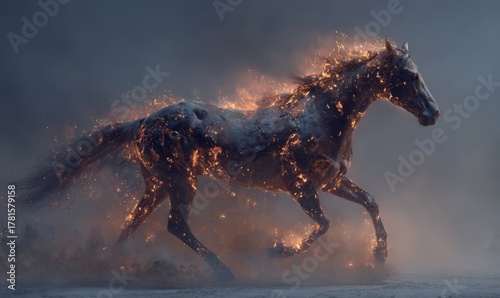 A horse is running through a field of fire, with its mane