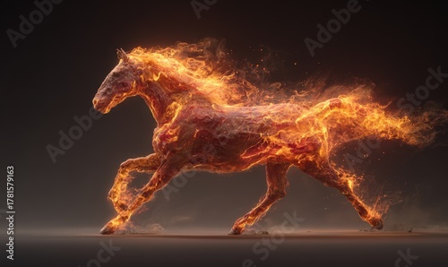 A horse is running through a fire, with its mane and tail glowing red