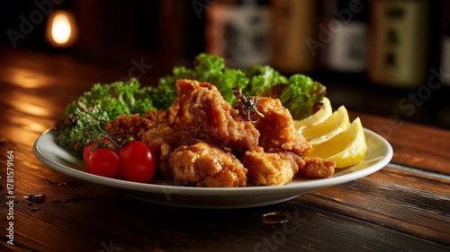 居酒屋の木のカウンターで葉野菜とレモンを添えたから揚げの夜皿