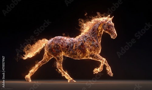 A horse is running through a fire, with its mane and tail glowing