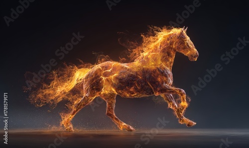 A horse is depicted in a fiery blaze, with its mane and tail flowing behind it