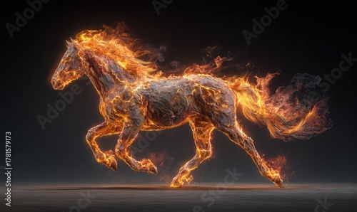 A horse is running through a fire, with its mane and tail trailing behind it