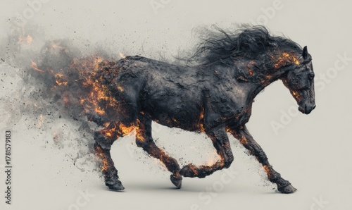 A horse is running through a fire, with its mane and tail trailing behind it