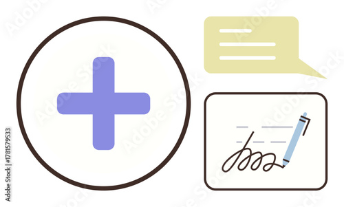 Purple cross, yellow speech bubble, and signature with pen emphasize health, communication, consent, agreements, digital processes, documentation service collaboration. Ideal for healthcare