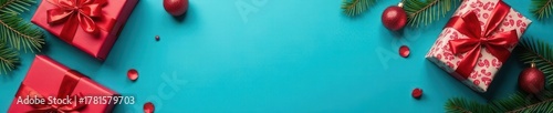 Blue backdrop, Christmas gifts, festive flatlay, New Year's vibe , gift box, wrapping, december