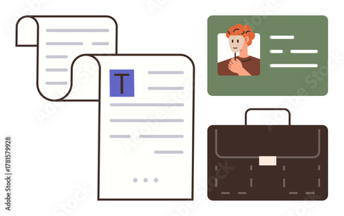 Documents with text, ID card with portrait, and a briefcase. Ideal for job application, business, career, identity, organization professional planning task management. Simple flat metaphor