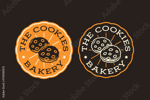 Cookies with chocolate chip retro badge logo design set for bake shop. Sweet biscuit pastry vintage emblem element design pack for bakery. Baked treat snacks patch vector illustration set for cafes
