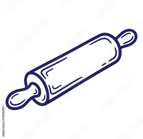 Simple dark blue outline illustration of a rolling pin for kitchen and baking design