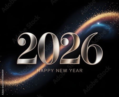 Happy new year 2026 with sparkling lights and cosmic background