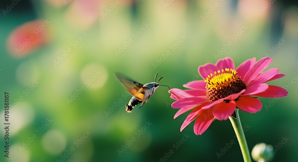 Fototapeta premium Hummingbird Moth Feeding on a Vibrant Pink Zinnia Flower in a Sunlit Garden.