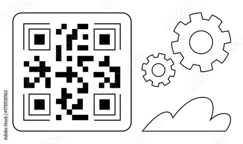 QR code with three mechanical gears and a cloud, symbolizing digital innovation, automation, connectivity, coding, cloud services, technology management, and modern systems. Ideal for modern