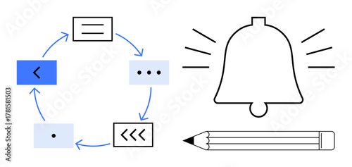 Circular workflow diagram with arrows, notification bell, and pencil. Ideal for productivity, communication, organization, workflow, reminders education creative planning. A simple flat metaphor