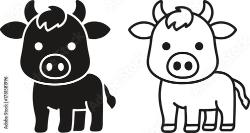 Cute black and white cartoon vector illustration of a cow