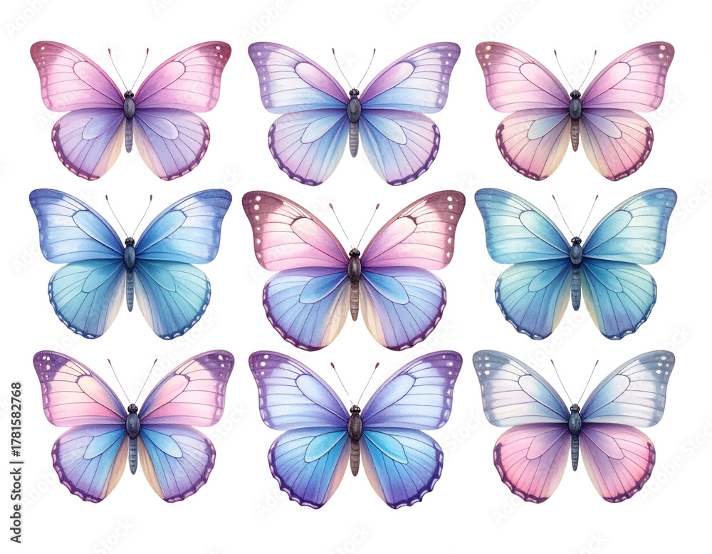 Fototapeta premium Collection of Pastel Colored Butterflies, Realistic Wing Texture Set, Isolated on Transparent Background 