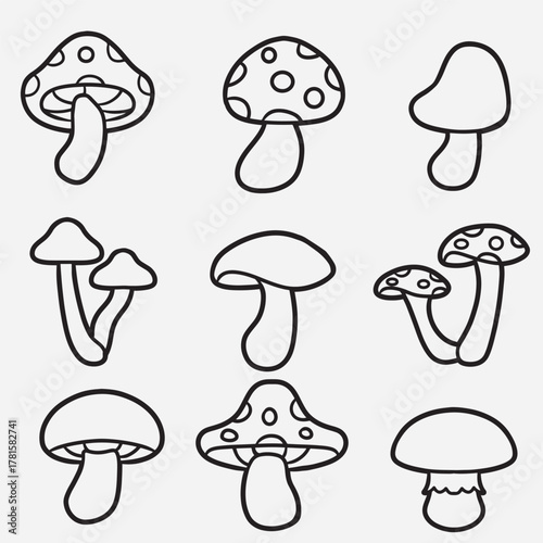set of mushroom with outline style good for icon, symbol, element design, coloring book, etc