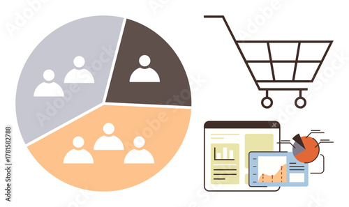 Pie chart representing customer segmentation, shopping cart icon, and analytics dashboard with graphs. Ideal for marketing, sales, analytics, e-commerce, customer insights, business strategy
