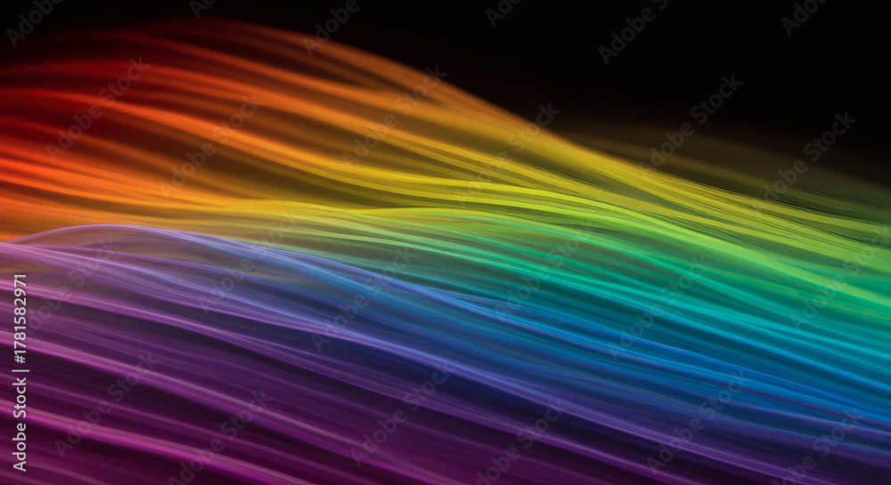 Obraz premium Vibrant rainbow waves flow gracefully across a dark expanse, creating a dynamic and energetic abstract visual perfect for modern design projects.