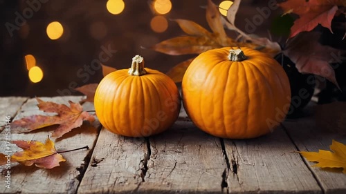 Two pumpkins sit on a wooden table with autumn leaves scattered around them