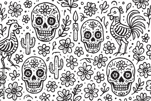 Minimalist vector background in black and white depicting Día de los Muertos motifs with Halloween vibes, skulls, marigolds, and artistic decorative outlines.
