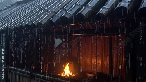 Traditional Asian wooden house with glowing bonfire in rainy evening atmosphere
Seamless looping, virtual video animation background. Generated AI	
