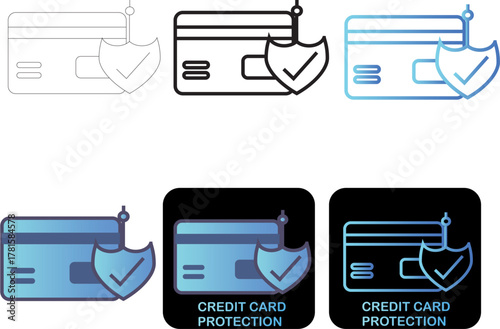 Secure credit card protection icon set with shield and checkmark, symbolizing safety and financial security