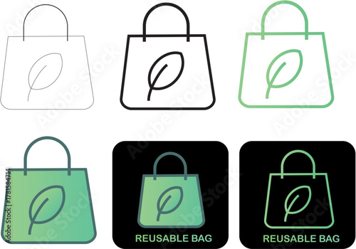 Eco-friendly reusable shopping bag icon set with a leaf symbol, featuring clean minimalist line art and green gradient styles for sustainable concepts