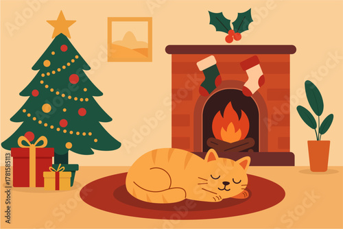 Cozy Christmas Scene with Sleeping Cat by Fireplace in Flat Design