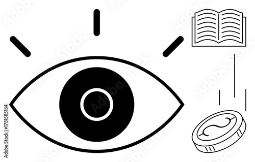 Eye symbol with outward motion lines near open book and coin falling. Ideal for creativity, learning, vision, knowledge, focus, investment, monetization. Clean simple flat metaphor