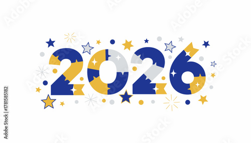 Bright and festive 2026 design with dynamic star accents, perfect for new year celebrations, event promotions, and forward-thinking designs for the year ahead