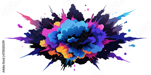 A bright, colorful explosion of blue, magenta, yellow, and black smoke/ink clouds isolated on white. Represents powerful impact, abstract art, vibrant energy, and comic book $FX$.