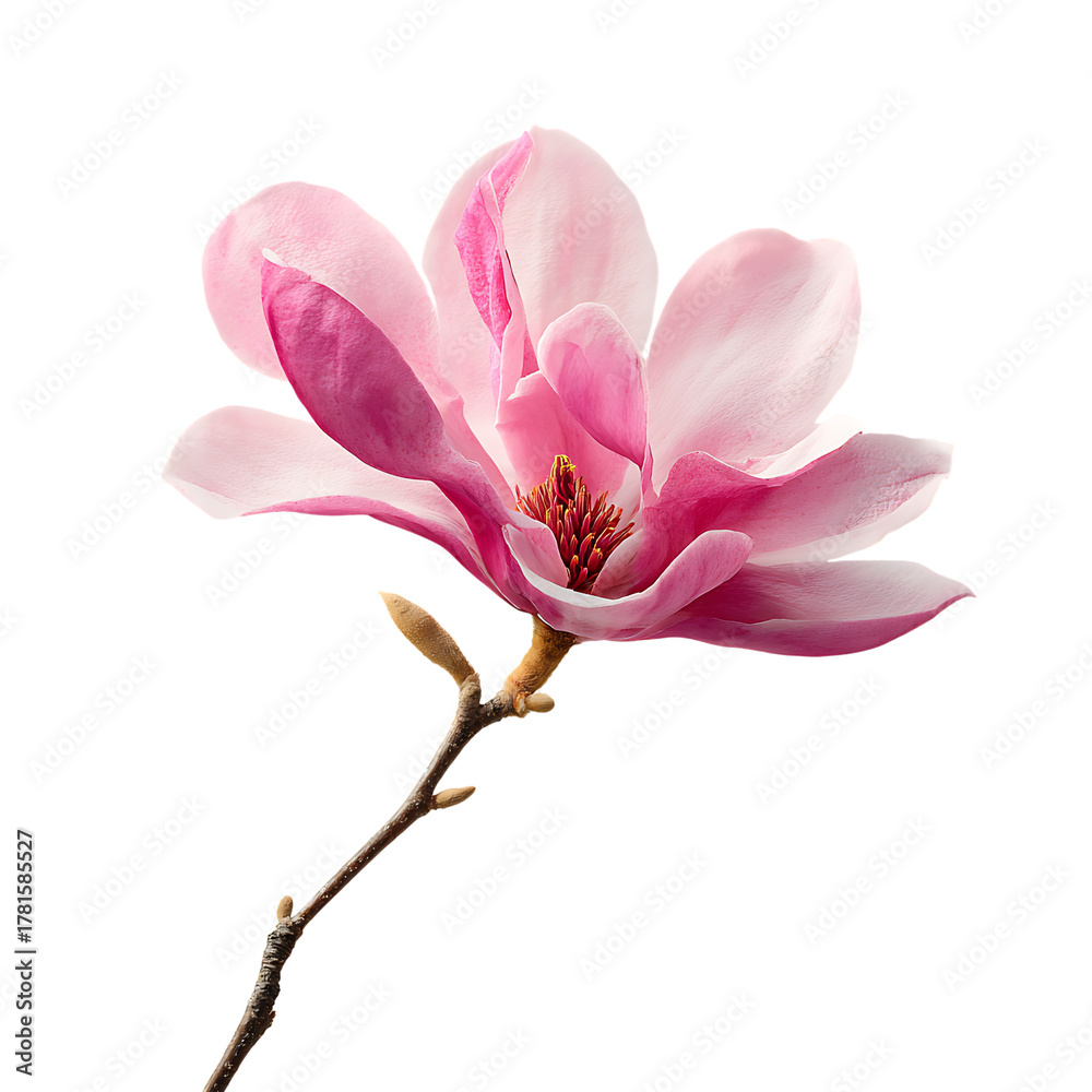 Obraz premium Closeup of beautiful pink magnolia blossom with branch on transparent background studio shot