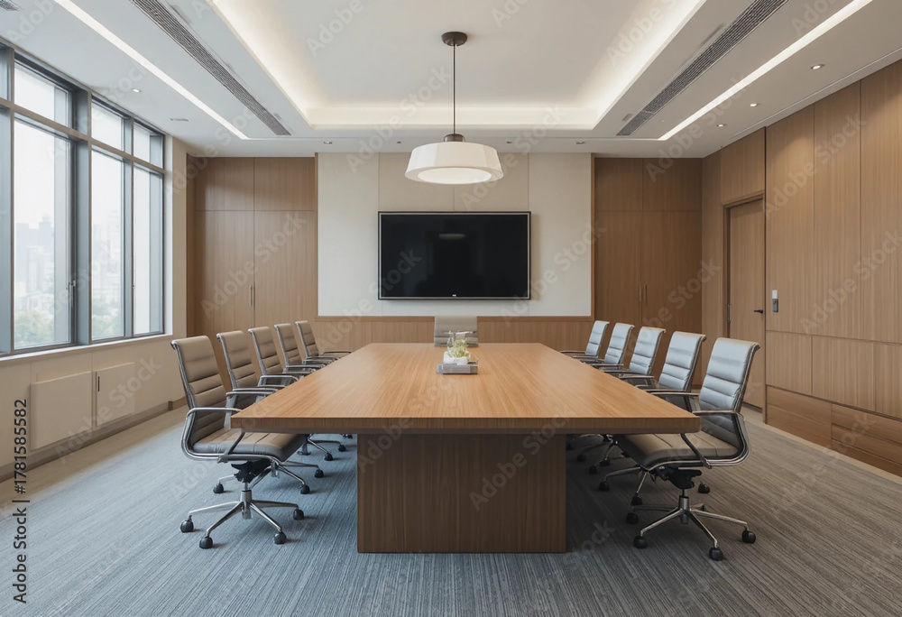 Obraz premium Empty conference table with chairs and pendant light in board room.
