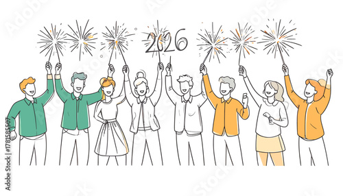 Excited group celebrates 2026 with sparklers, joy, and camaraderie, perfect for new year's, milestones, and optimistic future-focused themes. Cheers to the future!