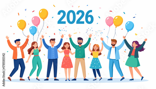 Enthusiastic group celebrates 2026 with joy and colorful balloons, perfect for New Year promotions, party invites, or cheerful event announcements, originally vector