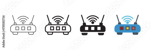 Set of minimalist wireless router icons with transparent background, depicting network devices for home and office internet connection, wifi access points, vector illustration