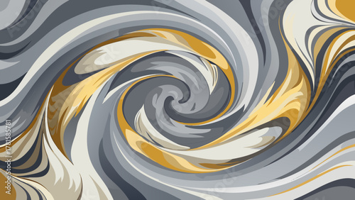 Dynamic abstract swirl with marbling effect. Rich, luxurious blend of matte gold, deep charcoal, light grey, and cream colors creating a mesmerizing, elegant liquid vortex background or texture.