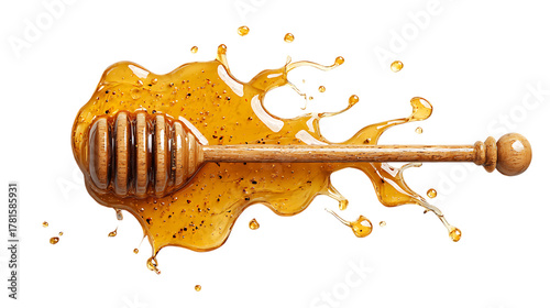 Honey splash with dipper on transparent background showing natural sweetness and dripping liquid