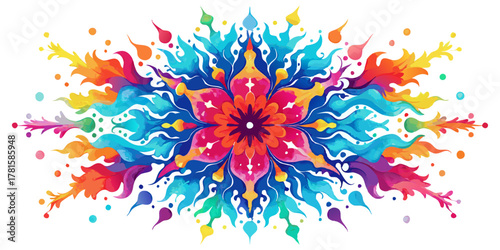 Vibrant, ornate mandala-style design with symmetric, flowing watercolor elements. Explosive color palette of rainbow hues, turquoise, and magenta creating a spiritual, psychedelic, floral-like banner.
