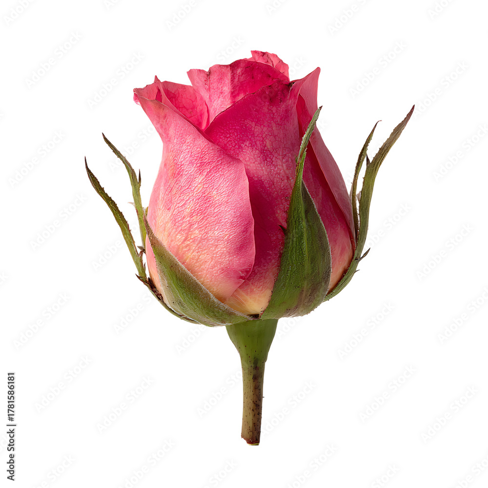 Fototapeta premium Pink rose bud on transparent background, ready to bloom with green sepals around its stem