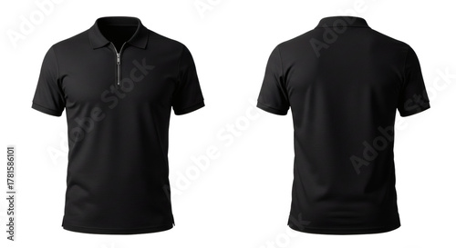 Black polo shirt men's apparel fashion casual wear short sleeve zipper front back view clothing style on transparent background