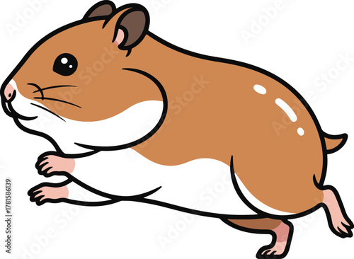 A cute, simplified cartoon illustration of a golden Syrian hamster running or scampering quickly across the frame,