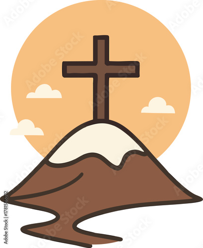 Cross on mountain peak with sun and clouds in stylized vector art symbolizing faith, pilgrimage, and spiritual journey