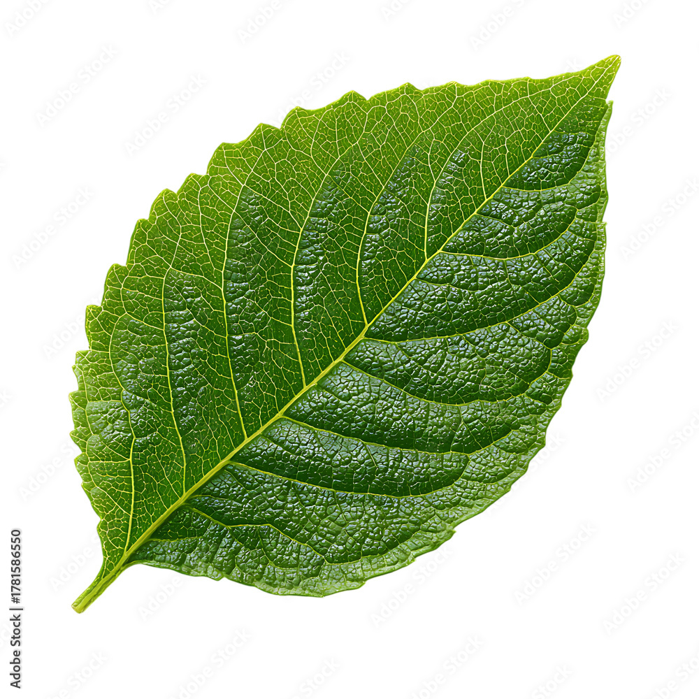 Obraz premium Single detailed green leaf with veins on transparent background studio shot closeup