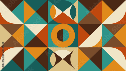 Powerful, geometric abstract background featuring a modern, retro-inspired color palette of teal, burnt orange, brown, and cream. Perfect for mid-century modern or 70s revival projects.