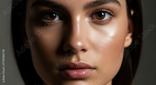 Young Woman with Brown Eyes and Smooth Skin Close-up Portrait in Studio Lighting