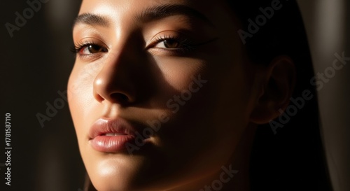Close Up Portrait of Young Woman with Smooth Skin and Natural Makeup in Soft Lighting