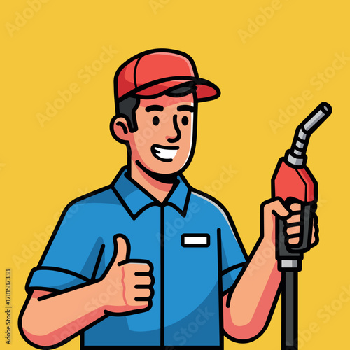 Smiling gas station attendant in uniform holding a gas pump nozzle and giving a thumbs-up gesture