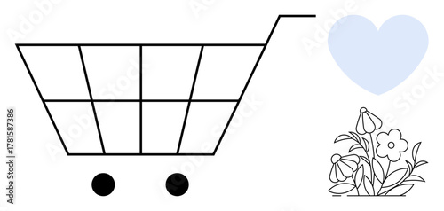 Minimal design of a shopping cart, heart, and flowers emphasizes sustainable consumption. Ideal for retail, eco-friendliness, minimalism, love for nature, conscious purchasing, sustainability simple